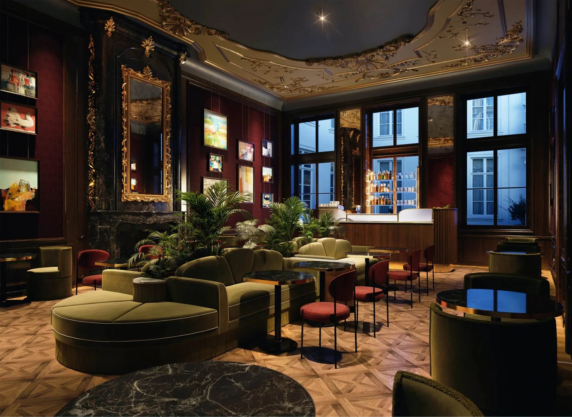 3D visualisatie van een hotelcocktailbar