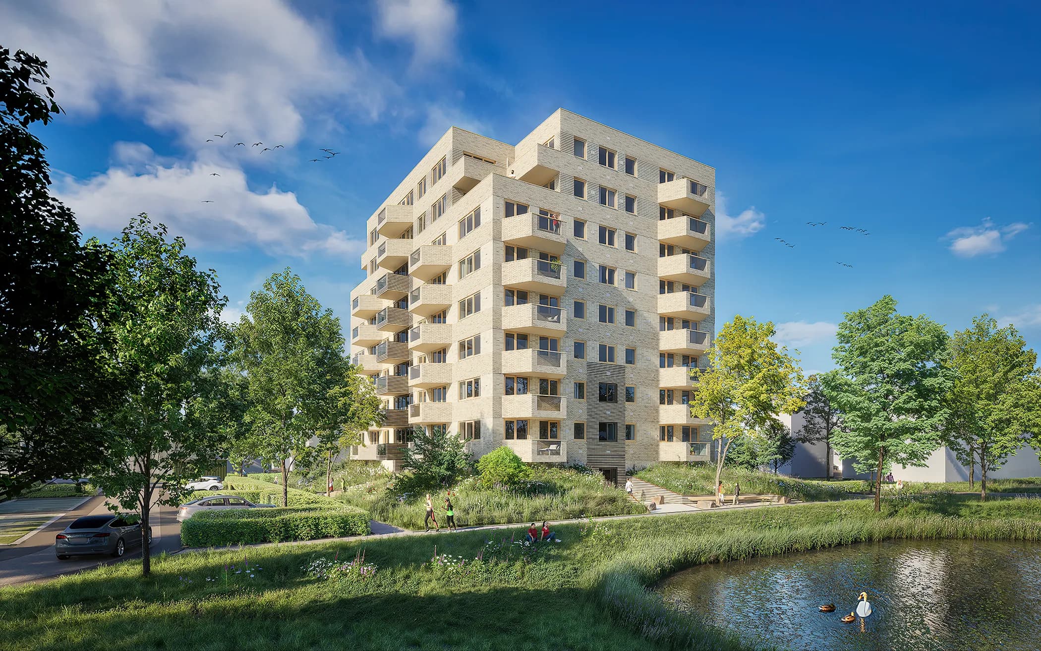 3D visualisatie van een gebiedsontwikkeling met meerdere gebouwen