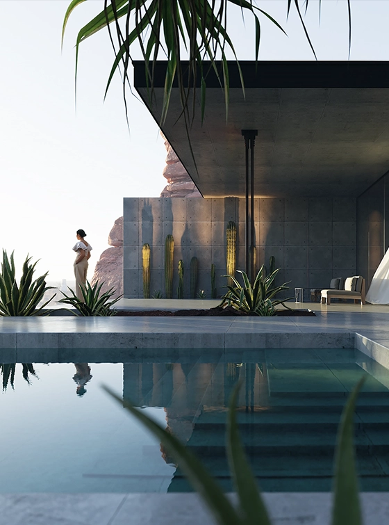 3D architectural visualization of a villa with a pool and a view of the surrounding landscape.