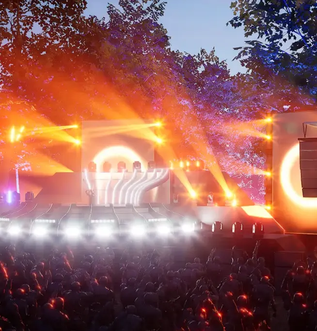 A 3D animation of a stage at Electric Zoo 2022, illuminated by lighting controlled through DMX technology