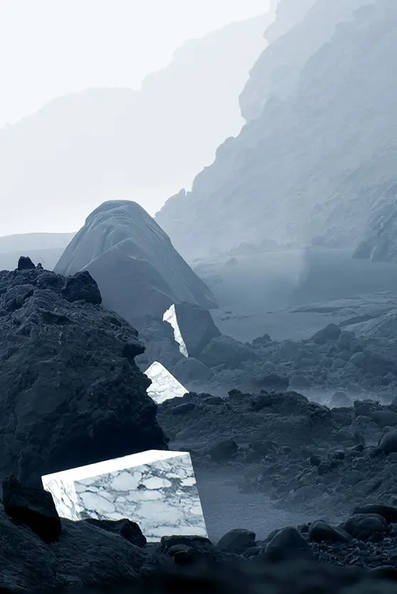 Image showing a virtual production environment featuring a black rocky landscape with a misty atmosphere and white marble blocks scattered throughout.